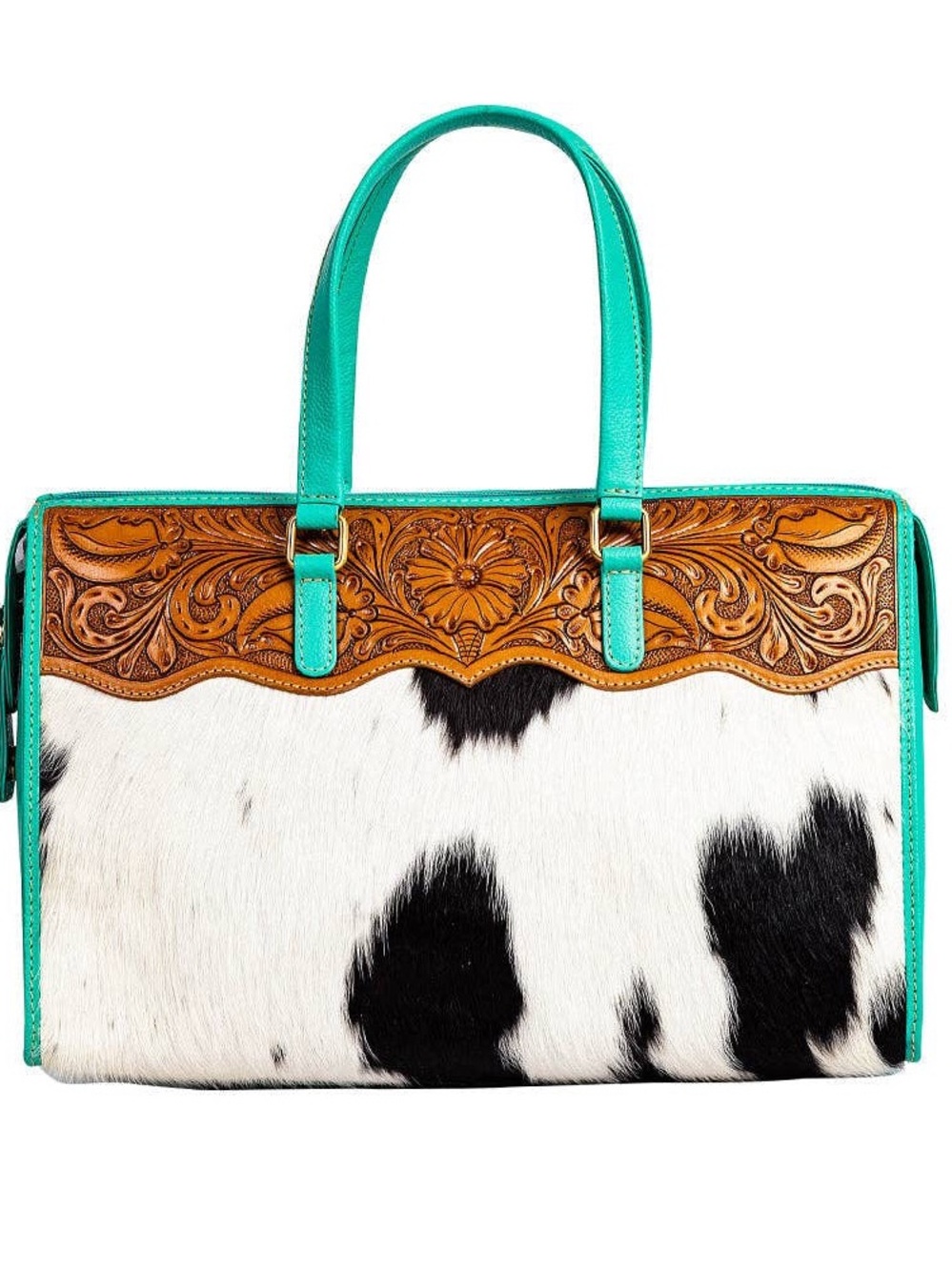 Myra Bag Black & White Cowhide Tote with Turquoise Trim and Tooled Leather